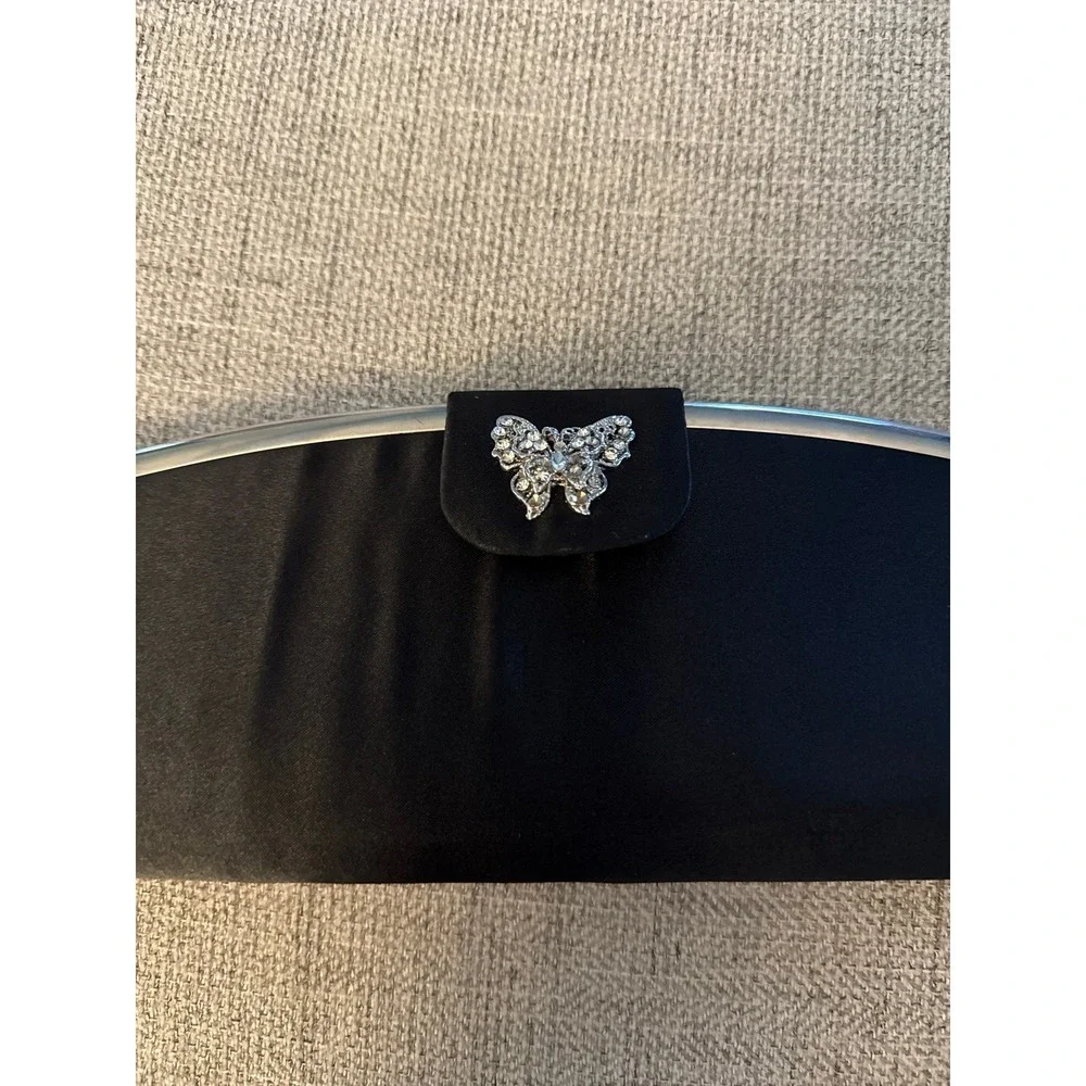 TOVA‎ Beverly Hills Black Satin Evening Clutch Purse Rhinestone Butterfly